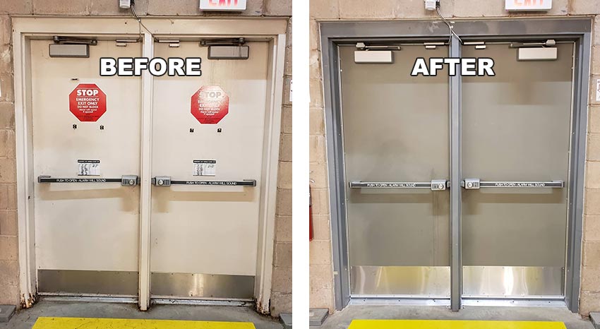 We replaced these rusted-out doors, frame, and hardware.